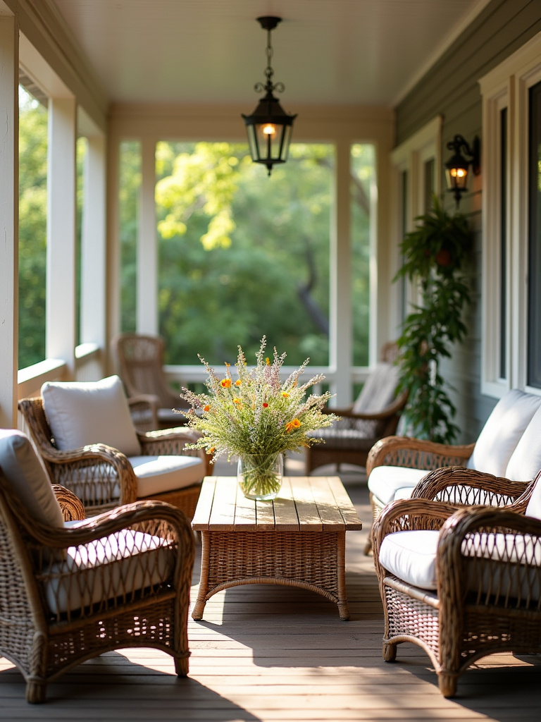 Rustic all-weather wicker furniture with neutral cushions creates a charming seating area on a back porch.