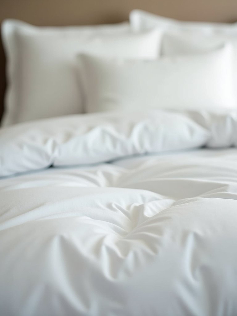 A close-up shot showcasing high-quality bedding with crisp white linen sheets, a plush duvet, and soft pillows, emphasizing the luxurious texture and inviting comfort.