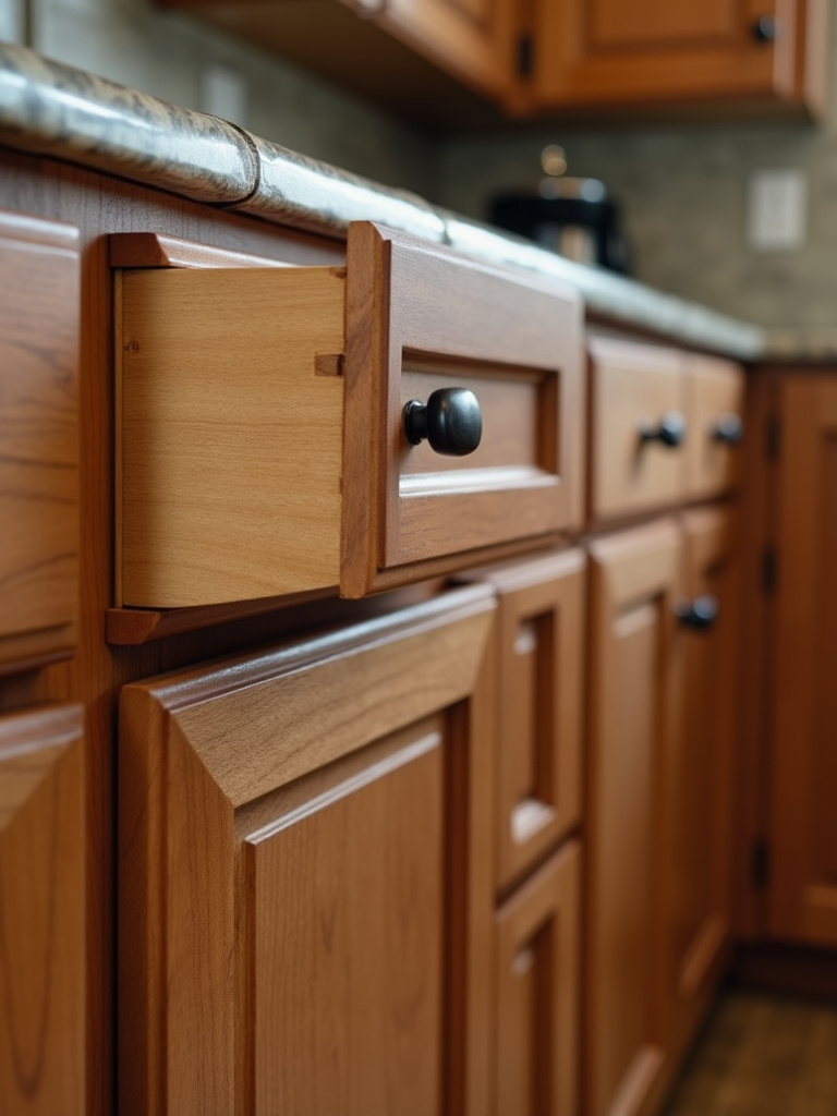 Detail shot showcasing the quality craftsmanship of traditional kitchen cabinets with dovetailed drawers and solid wood construction.