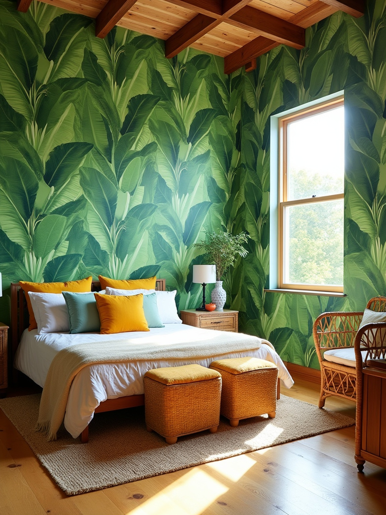 Tropical bedroom with vibrant green banana leaf wallpaper, rattan furniture, and bright natural light.
