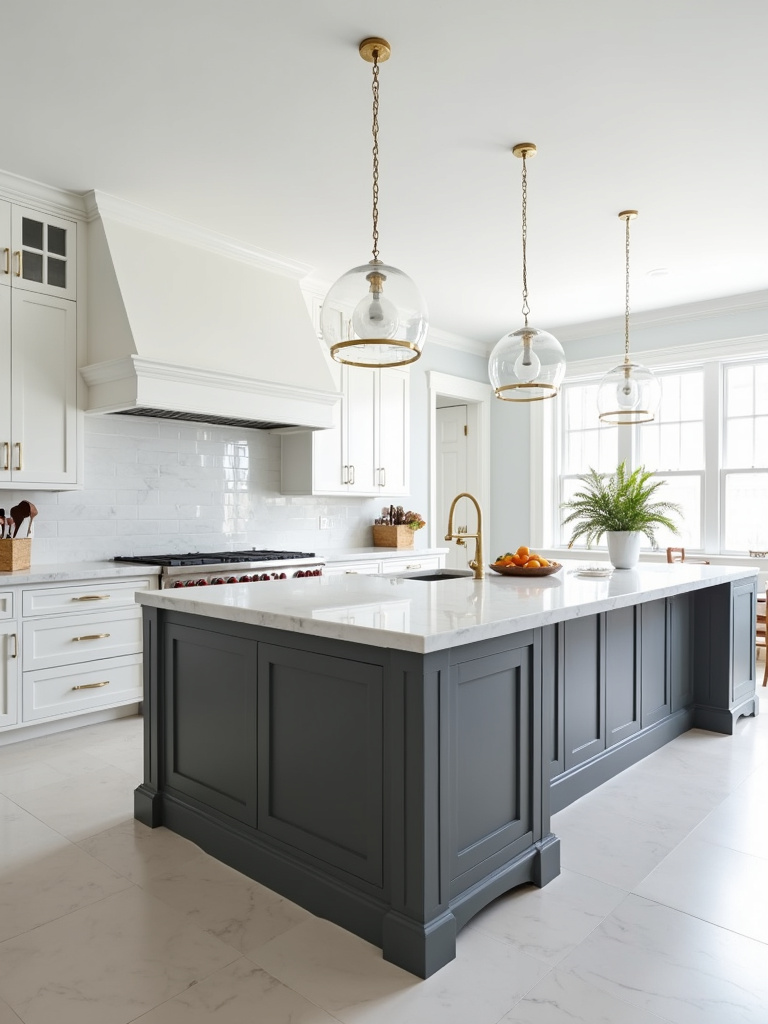 A spacious white kitchen featuring a large statement island painted dark gray with a white marble waterfall countertop.