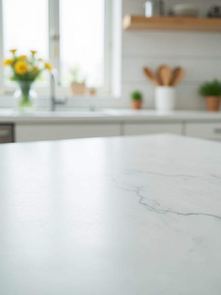 A spotless white kitchen countertop, highlighting the pristine cleanliness of a white kitchen.