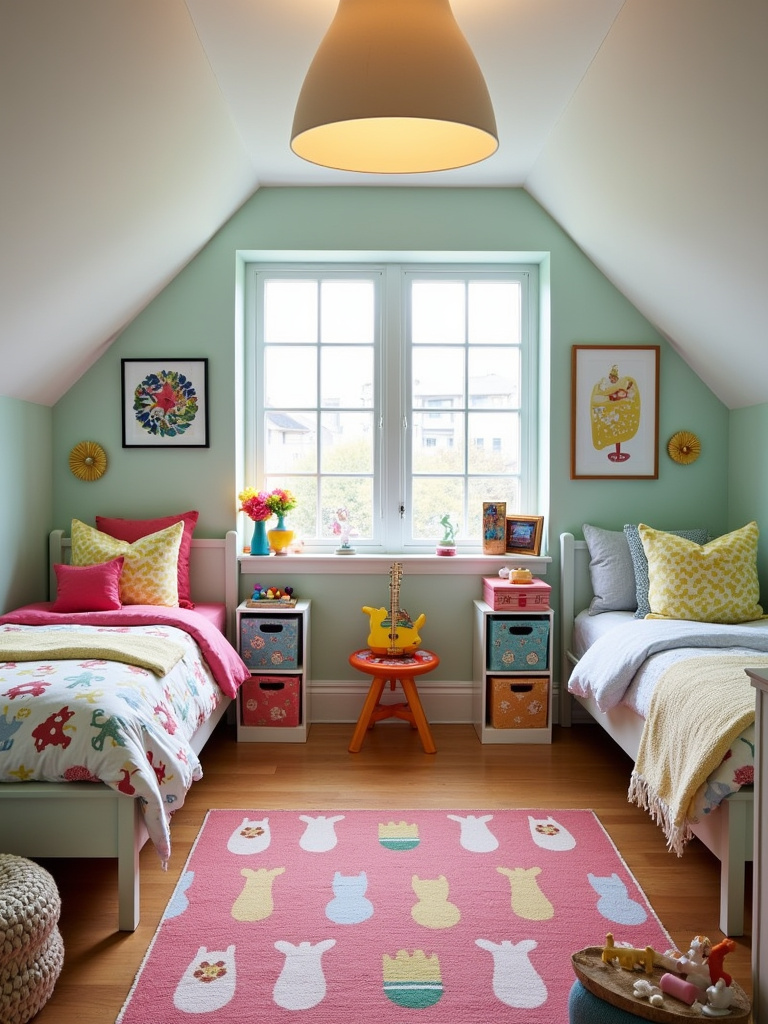 Fun and functional kid-friendly attic bedroom with colorful décor, playful elements, and ample toy storage, bathed in cheerful daylight from a dormer window.
