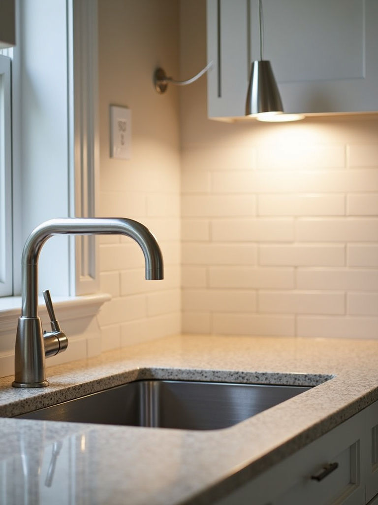 Brushed nickel pendant light providing task lighting over a stainless steel kitchen sink.