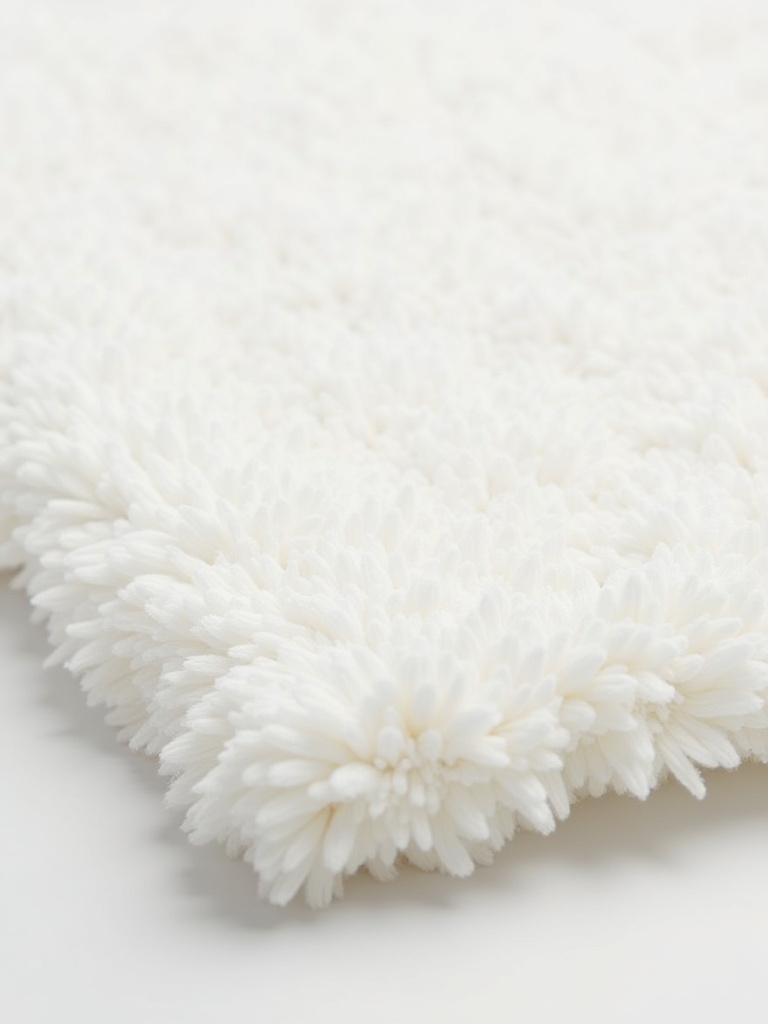 Close-up of a plush white cotton bath mat, highlighting its luxurious texture and cozy feel.