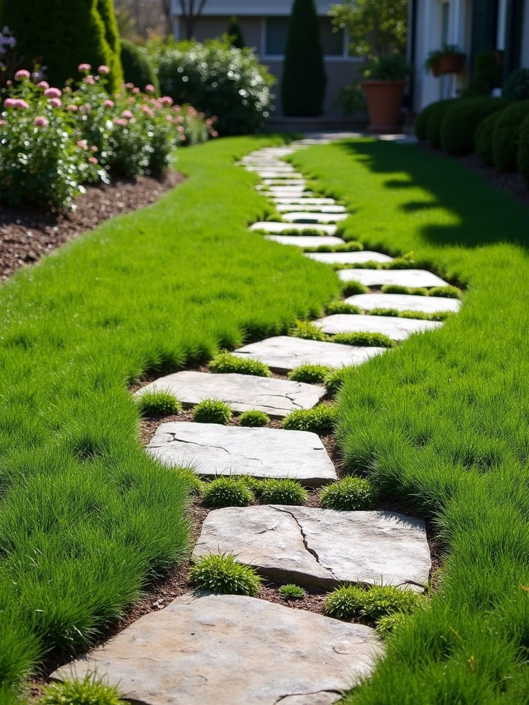 A winding stepping stone pathway made of flagstones through a green lawn with groundcover plants growing between the stones.
