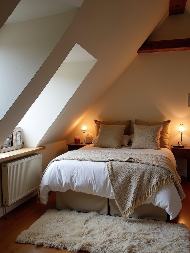 Cozy and warm attic bedroom featuring layered textures and textiles, including a plush rug, soft blankets, and textured cushions, creating an inviting and comfortable space.