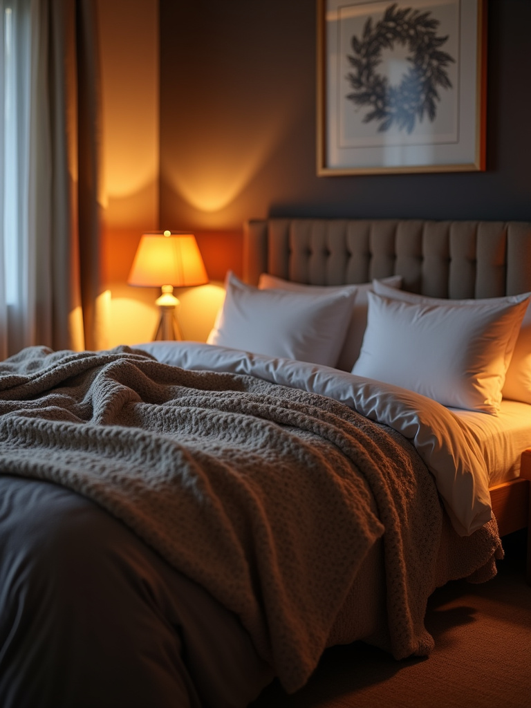 A cozy bedroom at dusk featuring a bed with layered bedding in various textures and warm lighting.