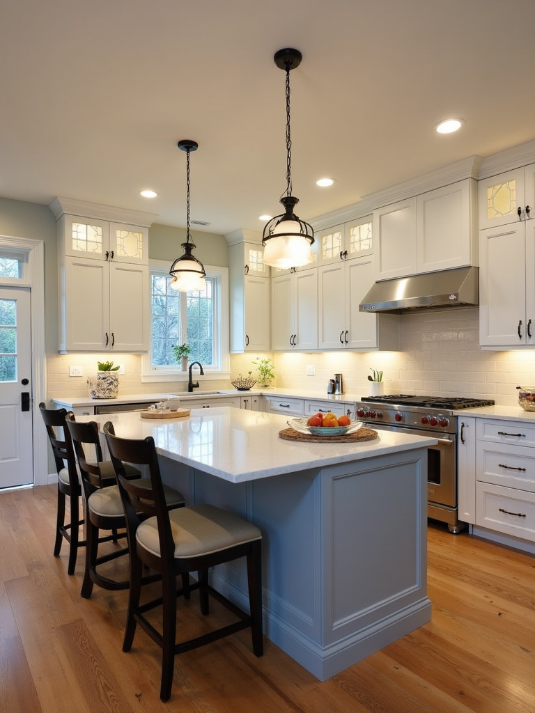 Layered kitchen lighting scheme combining ambient, task, and accent lighting for a balanced and functional space.