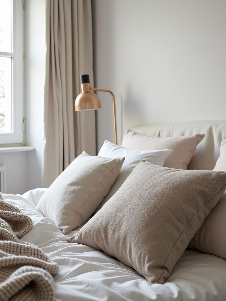 A Scandinavian-style bed with layered pillows in neutral tones and textures, illuminated by soft morning light.