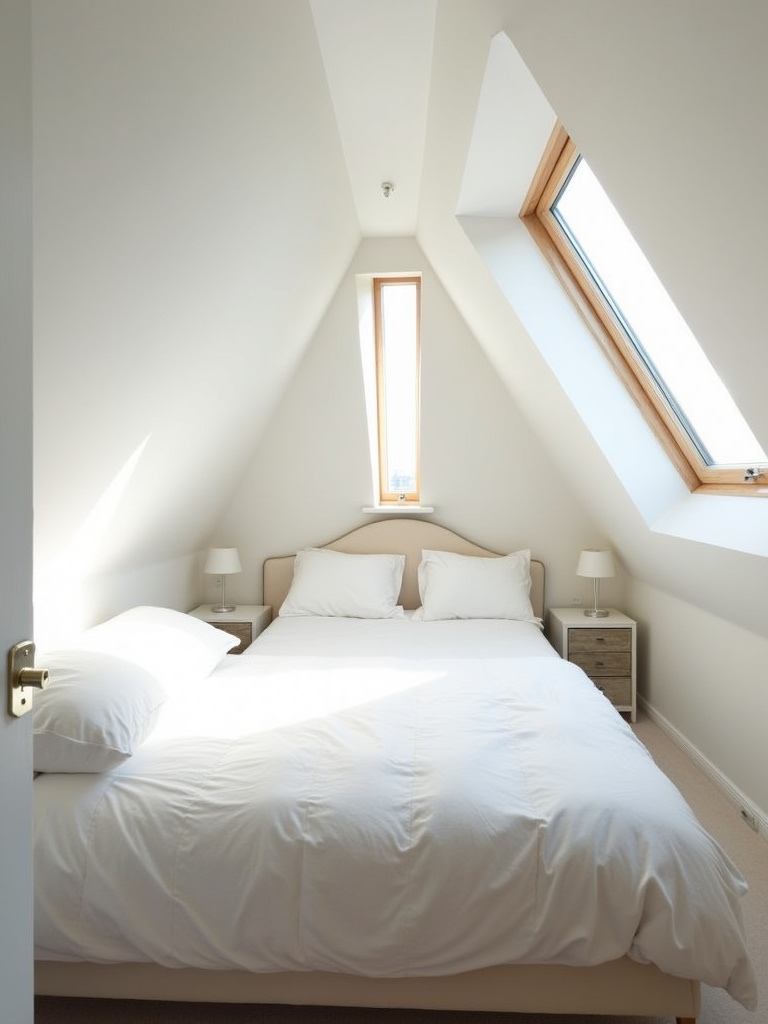 Bright and airy attic bedroom illuminated by strategic skylight placement, allowing sunlight to flood the space and enhance the minimalist decor.