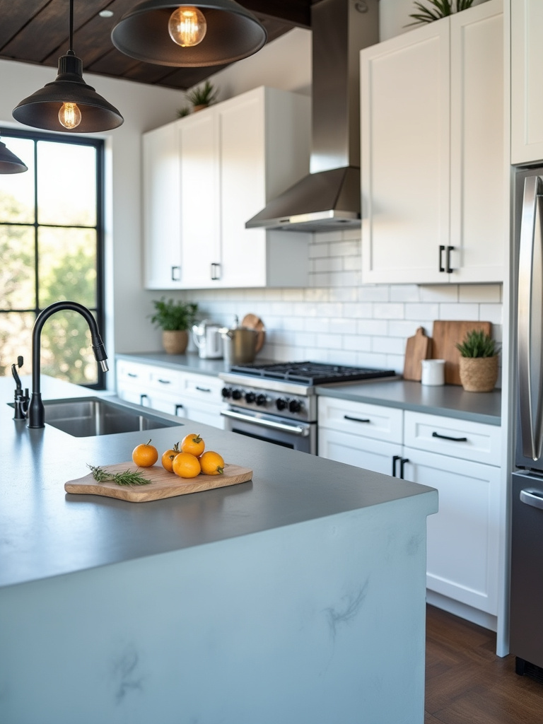 Serene modern industrial kitchen featuring light blue-gray concrete countertops, white cabinets with black hardware, and soft diffused natural light.