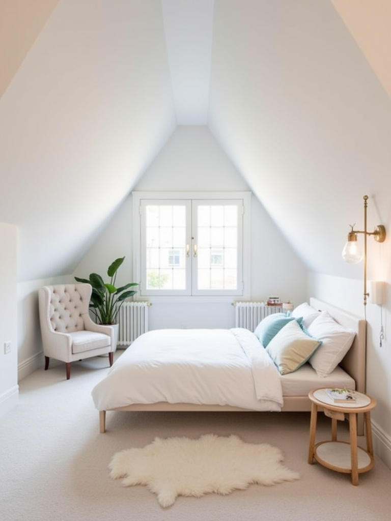 Airy attic bedroom with a light color palette featuring white walls and pastel accents, creating a spacious and bright atmosphere filled with natural daylight.