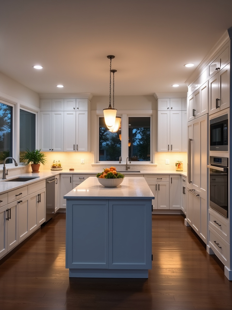 A beautifully illuminated white kitchen at night featuring pendant lights, under-cabinet lighting, and recessed lights.