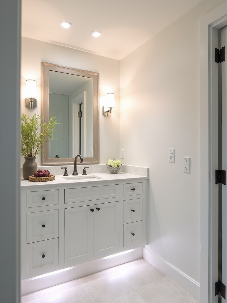 Bathroom vanity with layered lighting, combining recessed ceiling lights, sconces, and under-cabinet lighting for balanced and functional illumination.