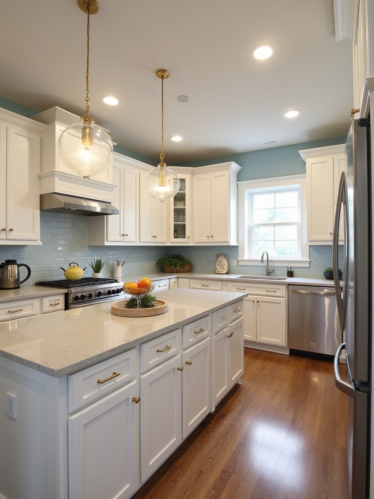 Warm and inviting transitional kitchen featuring light taupe quartz countertops, off-white cabinets, and a soft blue backsplash.