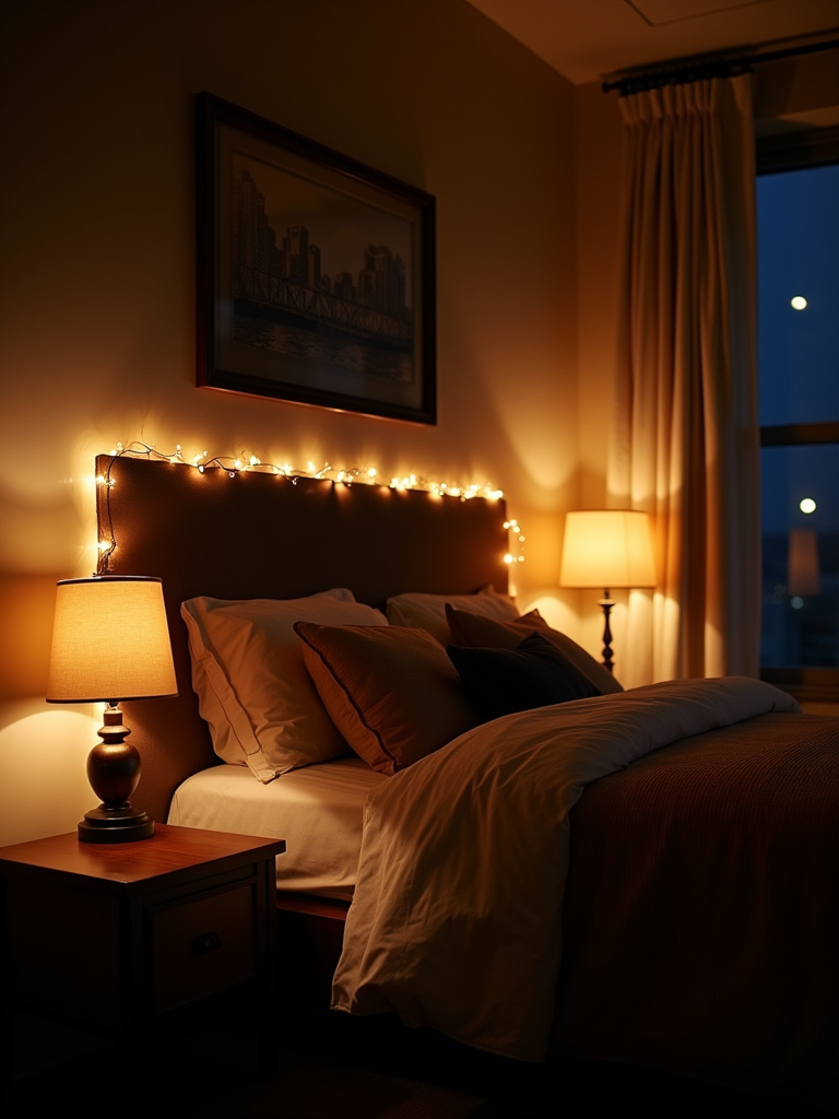 A bedroom at night illuminated by layered lighting, including table lamps, a floor lamp, and fairy lights, creating a warm and inviting ambiance.
