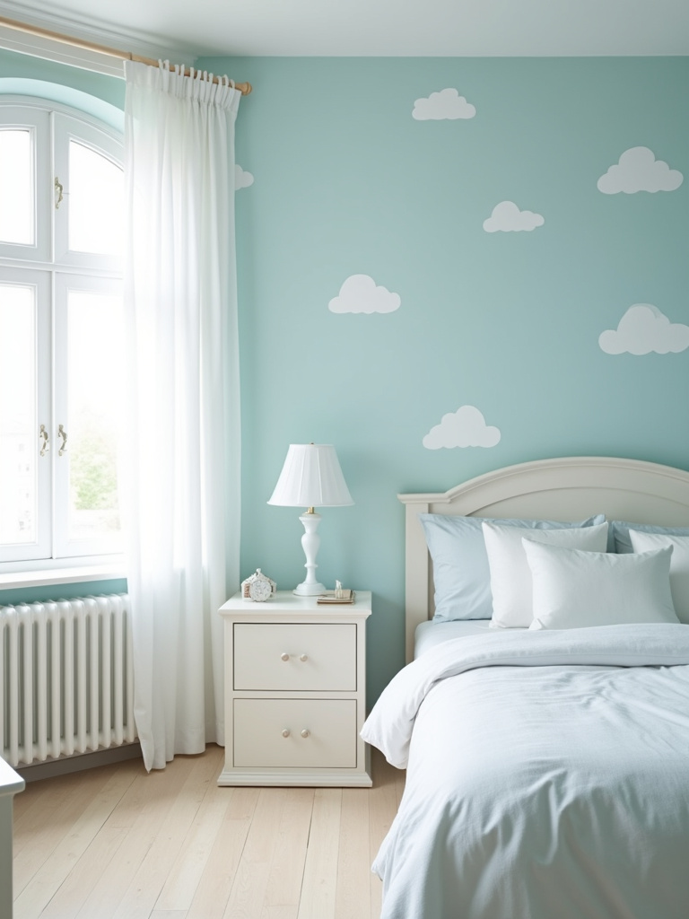 Light and airy bedroom with pale blue pastel cloud wallpaper, white furniture, and bright natural light.