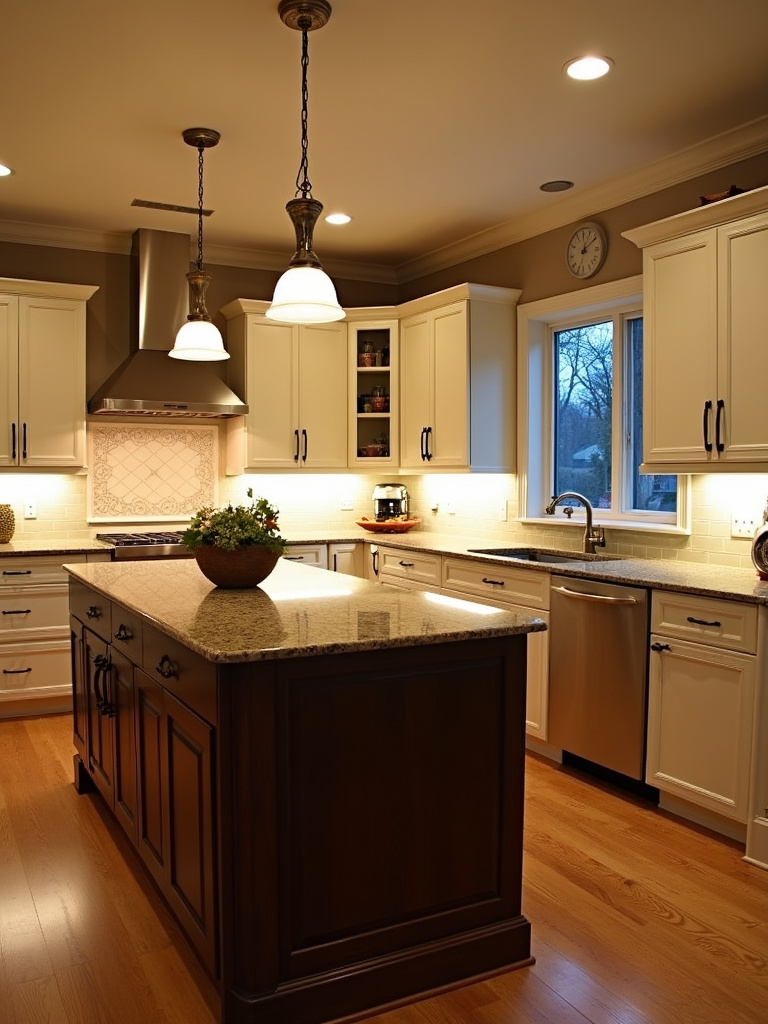 Traditional kitchen illuminated with layered lighting, including pendant lights, under-cabinet lights, and recessed lighting.