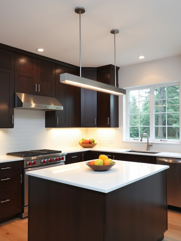 Brushed nickel linear suspension light hanging over a modern kitchen island.