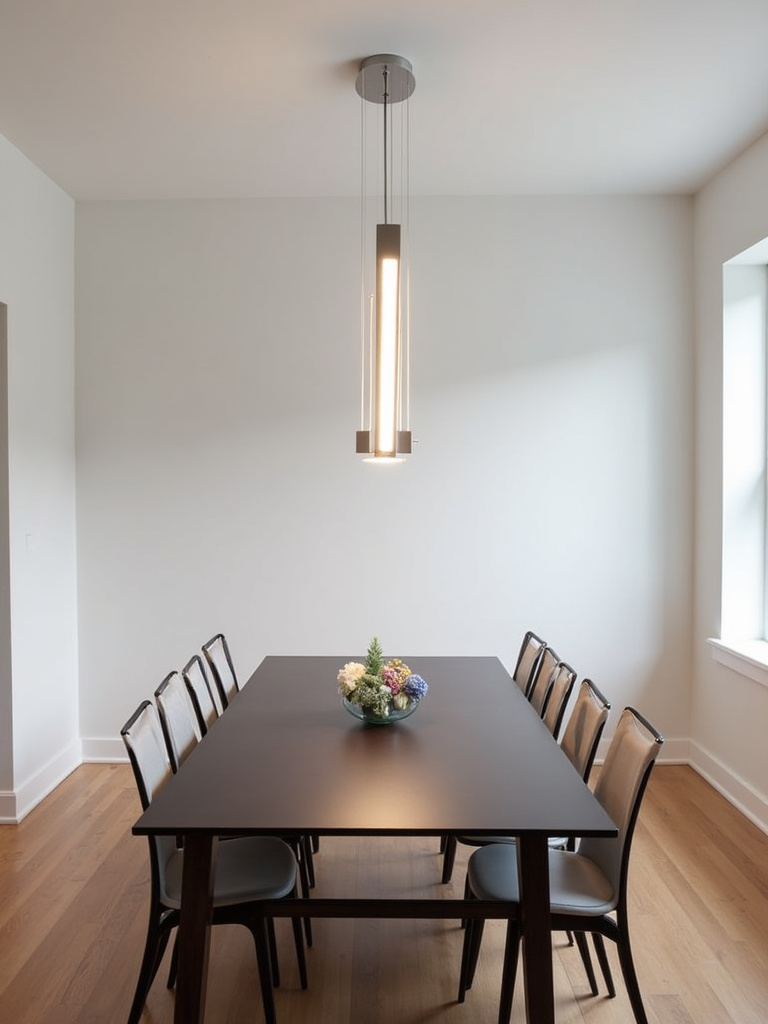 “Linear LED suspension light in brushed nickel hanging over a rectangular dark wood dining table in a contemporary dining room.”