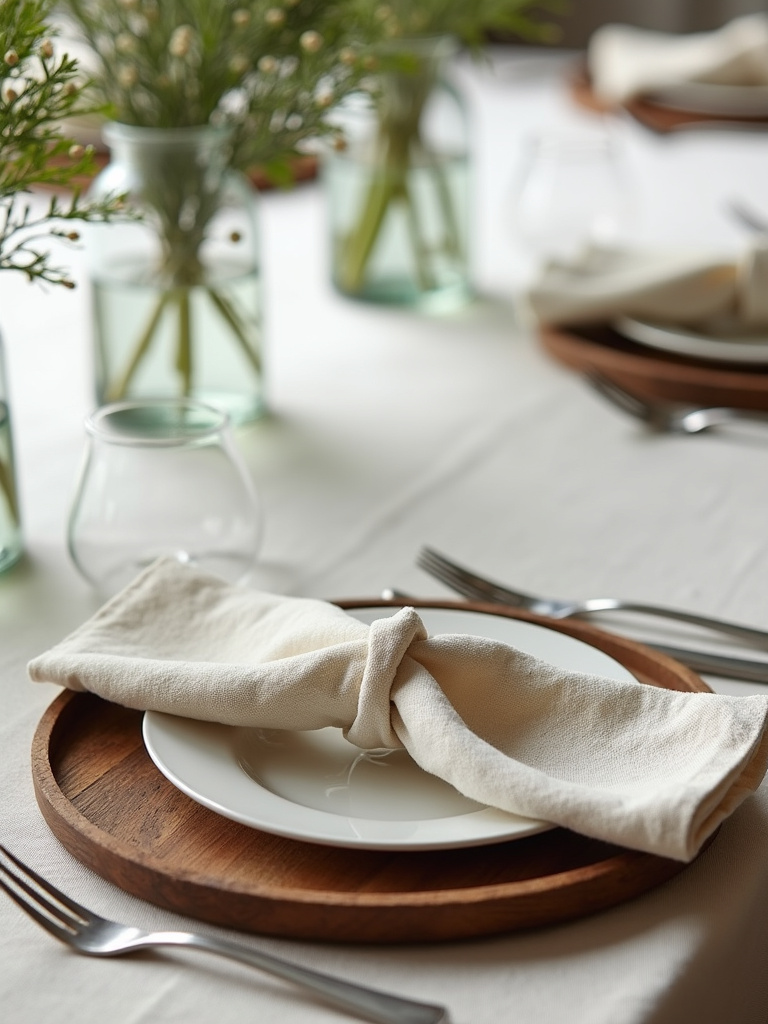 Farmhouse dining table setting featuring a natural linen tablecloth and napkins.