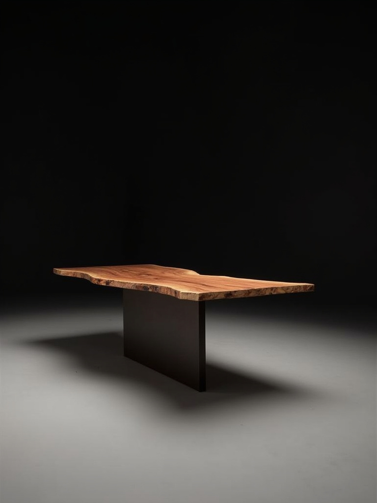 A live edge dining table with a metal base showcased in a studio setting, emphasizing the natural wood grain under focused lighting.