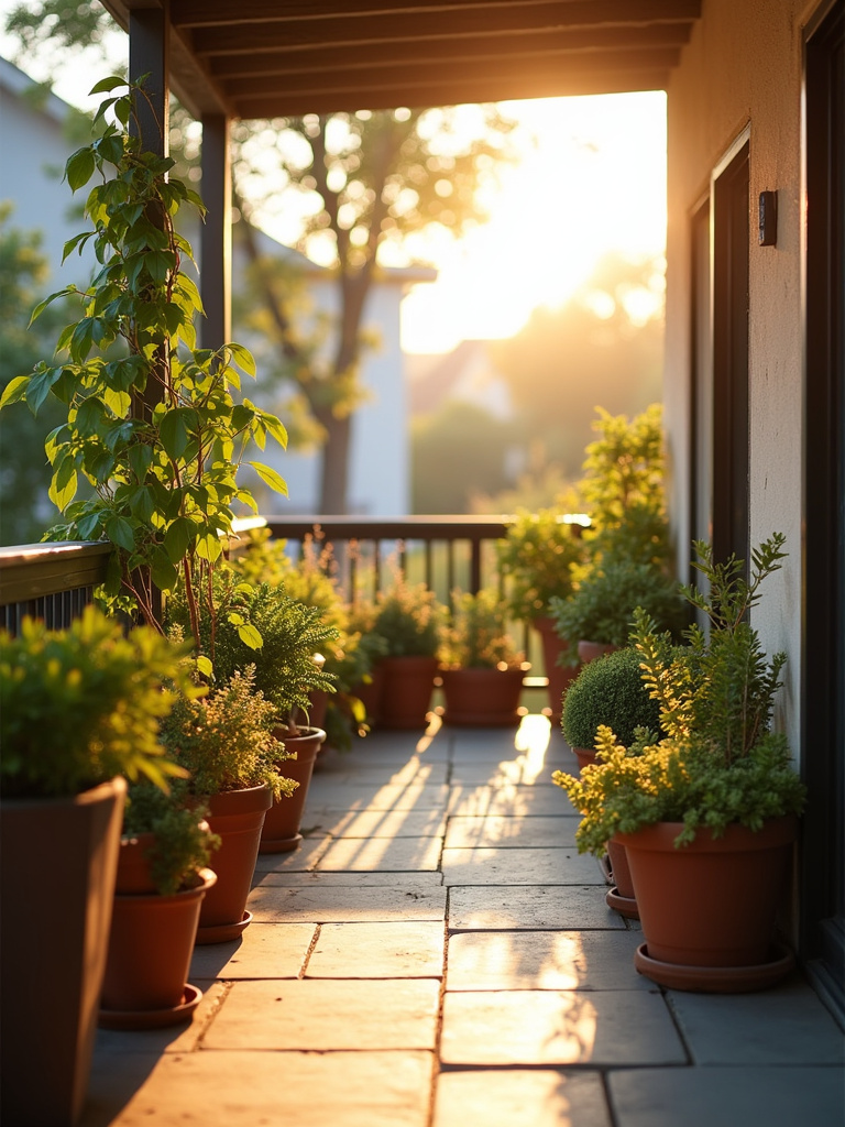 Multiple exposure photograph showing sun movement across a container garden space, highlighting optimal placement for different plants based on sunlight needs.