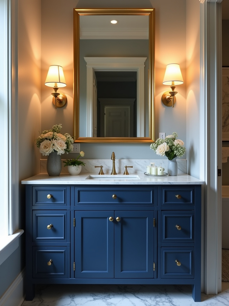 Luxurious bathroom vanity with brass sconces and a gold-framed mirror, showcasing opulent brass and gold finishes.