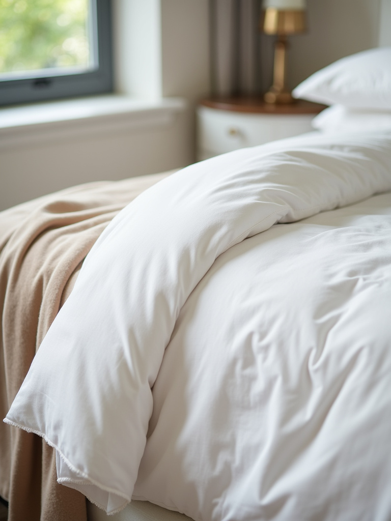 A close-up of a luxuriously made bed with crisp white linen sheets, a plush duvet, and a soft cashmere throw blanket.