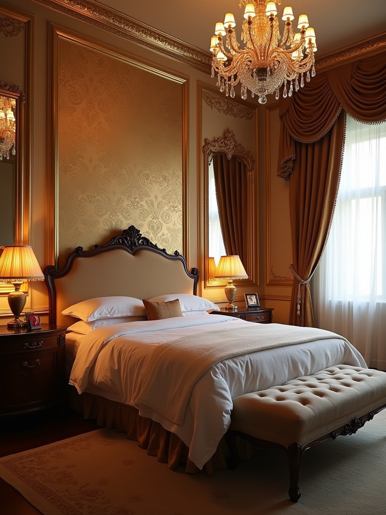 Luxurious bedroom with a gold damask wallpaper accent wall, velvet headboard, and chandelier lighting.