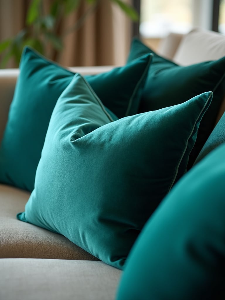 Collection of silk and velvet throw pillows in jewel tones on a luxury living room sofa.
