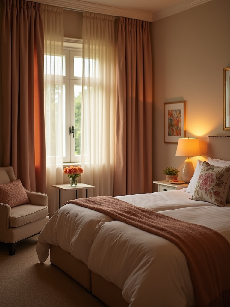 A romantic bedroom designed as a sanctuary for connection and intimacy, featuring a comfortable seating area, soft textures, calming colors, and warm lighting, creating an intimate and cozy atmosphere.