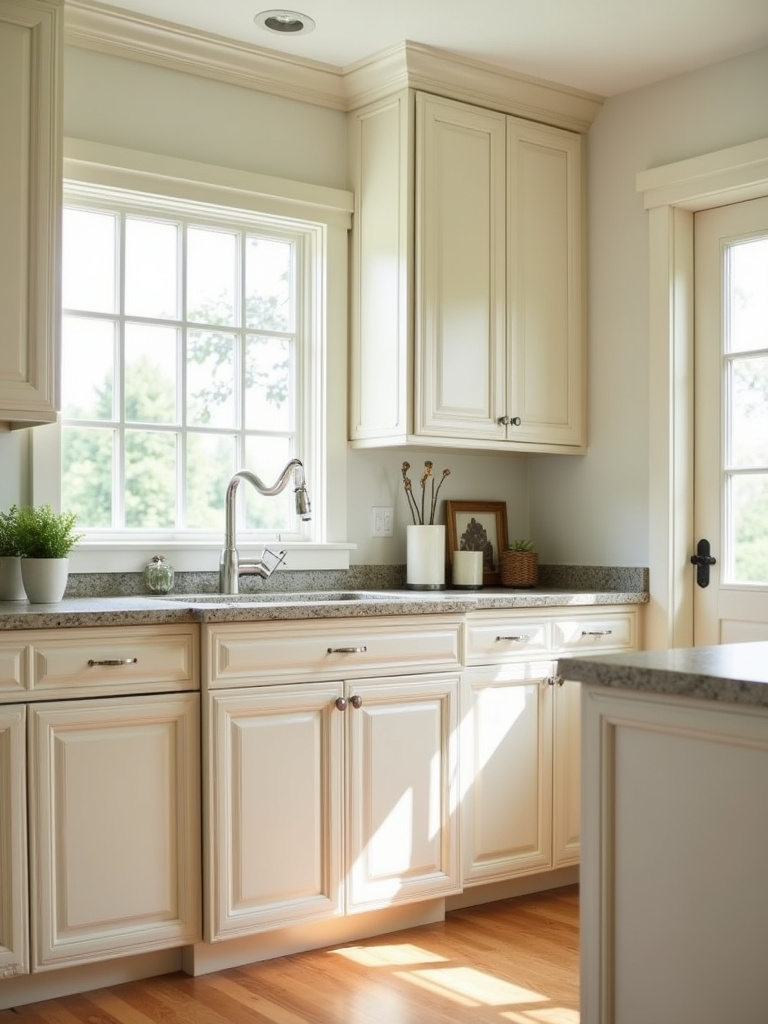 Traditional kitchen featuring light cream painted maple cabinets with a soft, smooth finish.