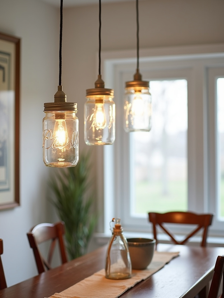 Farmhouse dining room featuring simple and sweet mason jar pendant lighting.