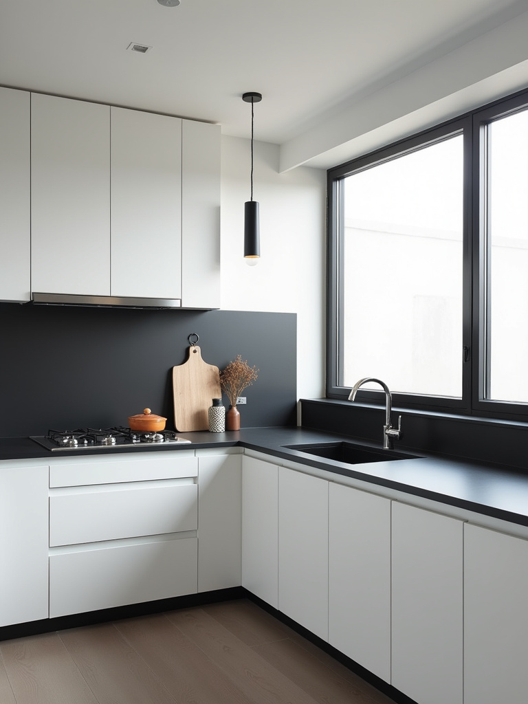 Modern minimalist kitchen featuring matte black solid surface countertops, white flat-panel cabinets, and sleek, understated design with natural light.