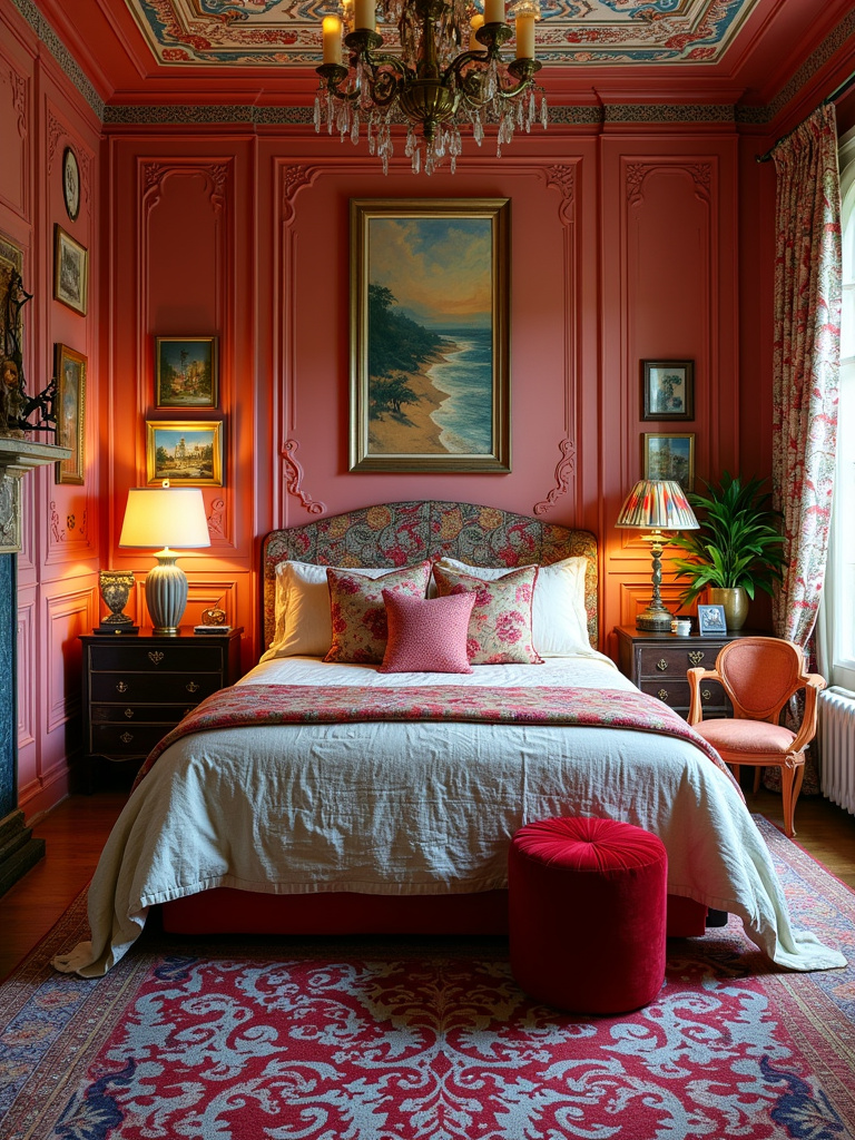 A maximalist bedroom filled with vibrant colors, bold patterns, an eclectic mix of furniture, and a curated collection of art and objects.