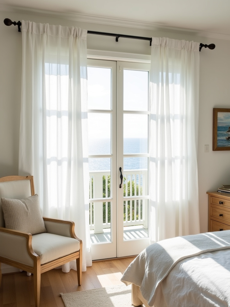 A coastal bedroom designed to maximize natural light, featuring sheer white curtains filtering sunlight and creating an airy and bright atmosphere.