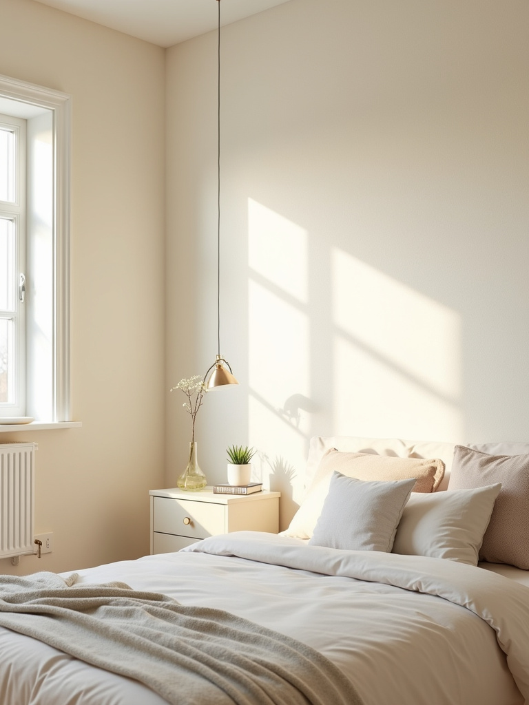 Small, bright bedroom with light cream shimmer wallpaper, minimalist furniture, and maximized natural light.