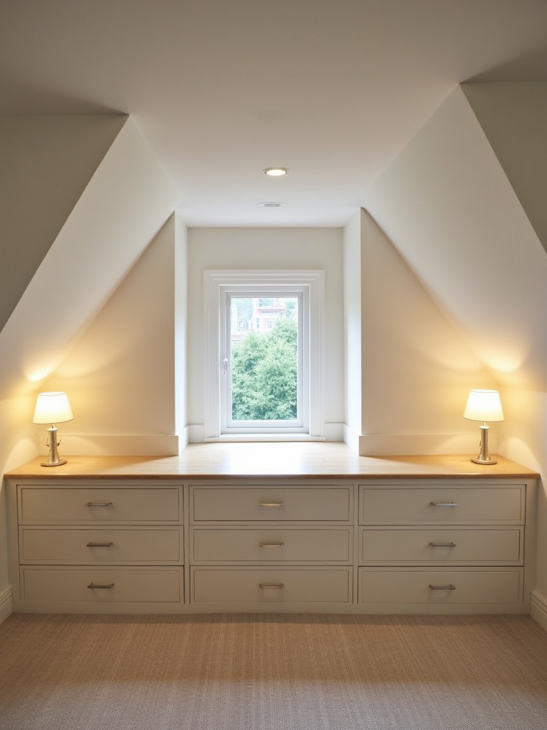 Attic bedroom showcasing built-in under-eaves storage with sleek drawers and cabinets, maximizing space and maintaining a minimalist aesthetic.