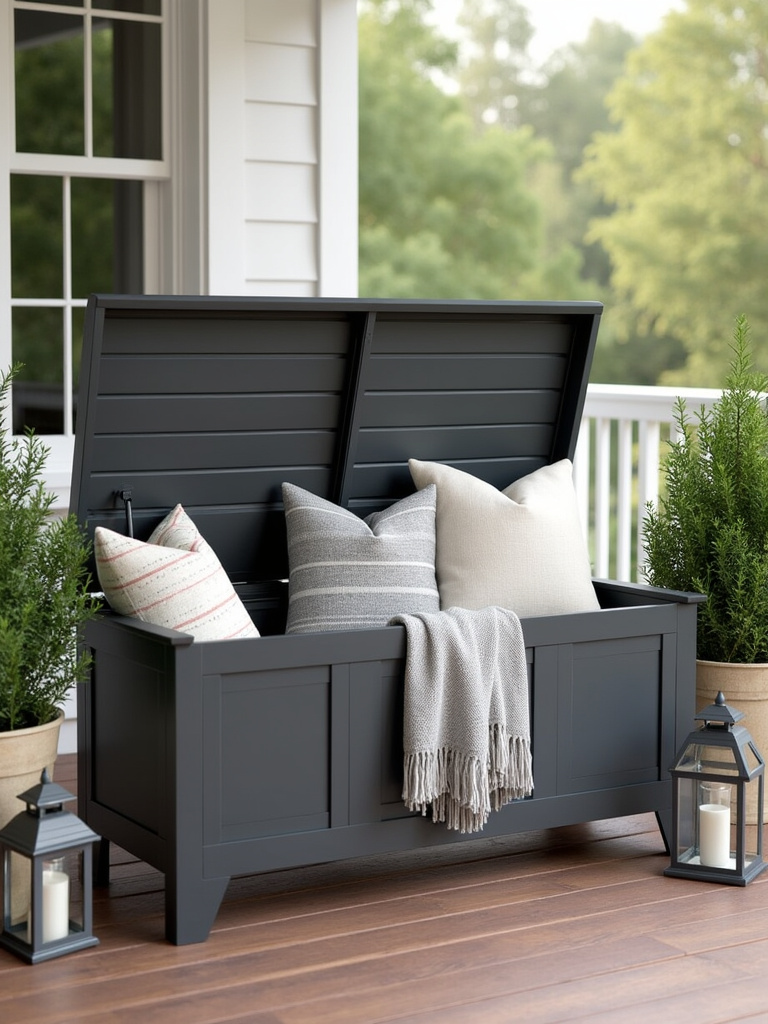 A stylish outdoor storage bench provides seating and discreet storage for cushions and blankets on a back porch.