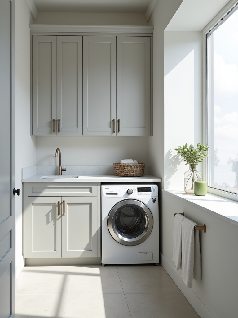 Modern laundry bathroom with stacked washer and dryer unit in a custom cabinet.