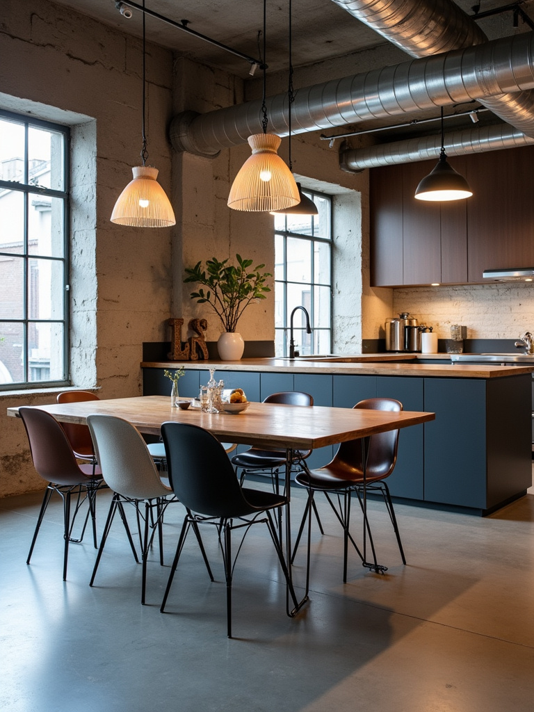 An industrial style dining room featuring a metal dining table with hairpin legs and mixed-material chairs in a loft setting.