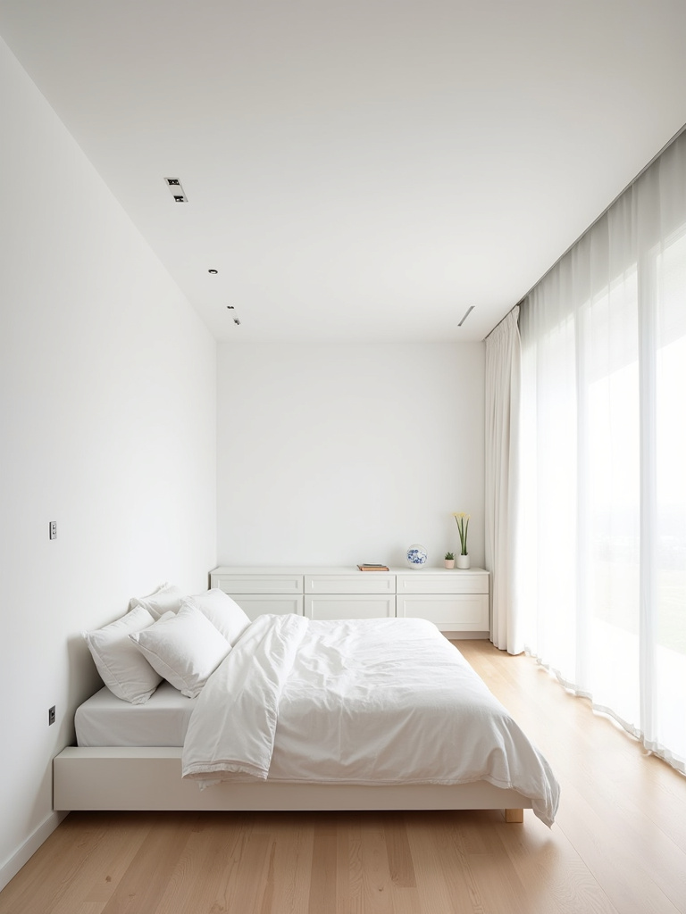 A minimalist bedroom with white walls, light wood floors, a simple bed, and minimal furniture, bathed in natural light.