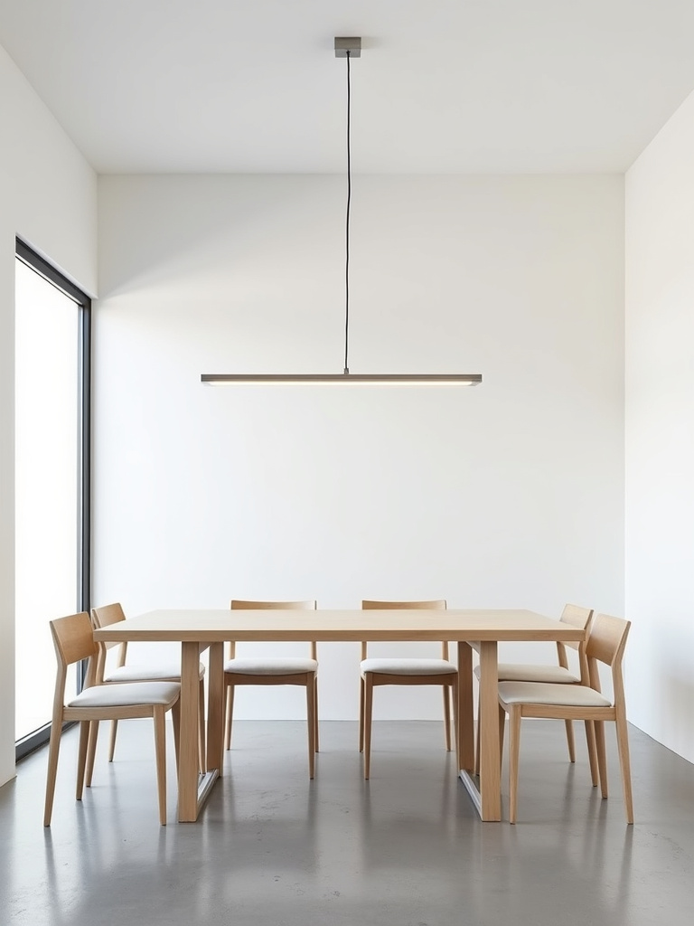“Minimalist dining room with a single linear LED pendant light over a light wood table.”