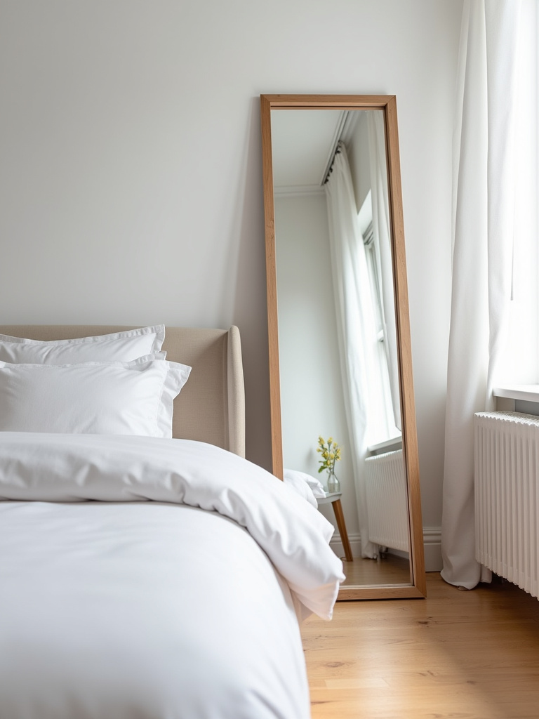 A small bedroom with a large mirror leaning against the wall, reflecting light and creating the illusion of more space.