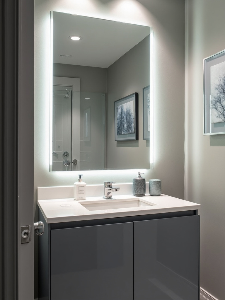 Modern bathroom vanity featuring an integrated LED mirror with backlighting, combining mirror and lighting into a sleek and functional design.