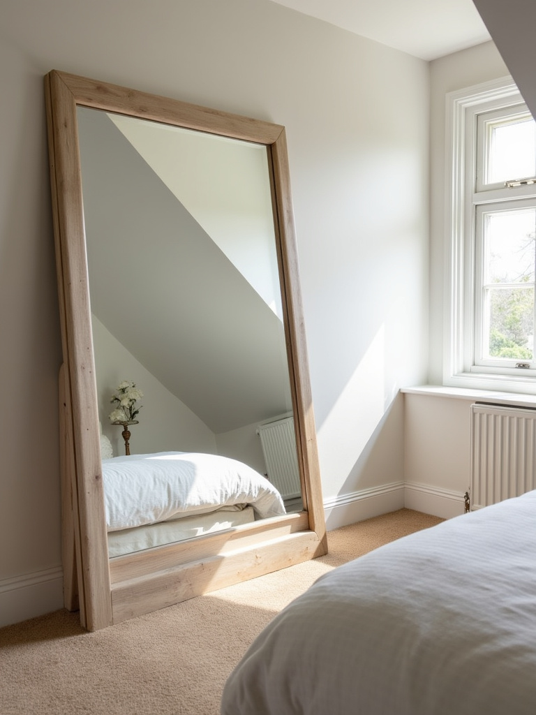Bright and airy attic bedroom using a large mirror strategically placed opposite a window to maximize natural light and visually expand the space.
