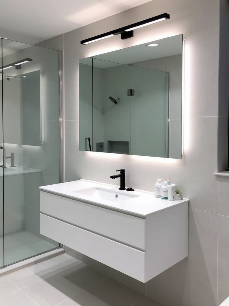 Modern bathroom vanity with a matte black linear LED light bar, showcasing an edgy and sophisticated aesthetic.