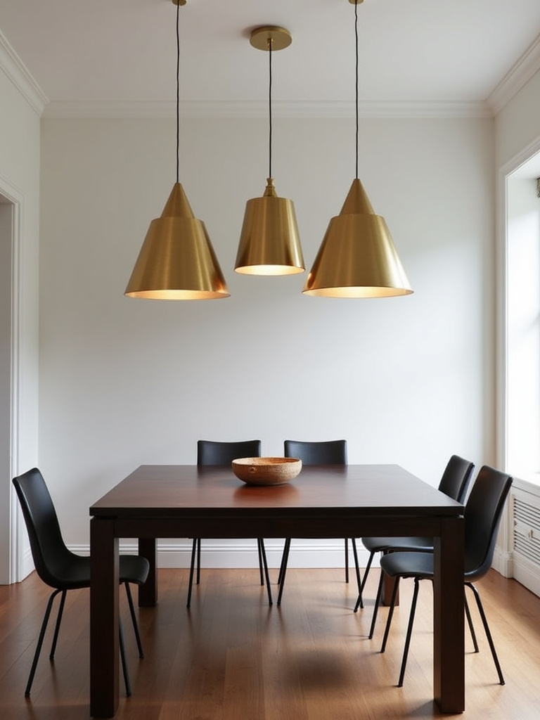 “Brass pendant lights with geometric metal shades in a modern dining room with a dark wood table.”